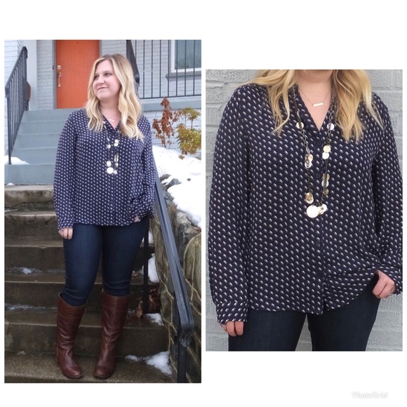 LOFT Tops - LOFT Navy and Cream Button down Blouse
